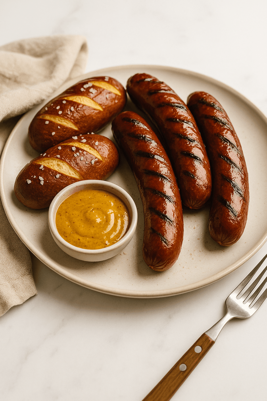 Smoked sausage & pretzel rolls made with Sweet & Hot Mustard