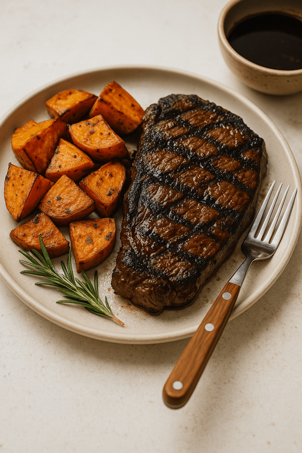 Grilled steak & roasted sweet potatoes made with Whiskey Marinade